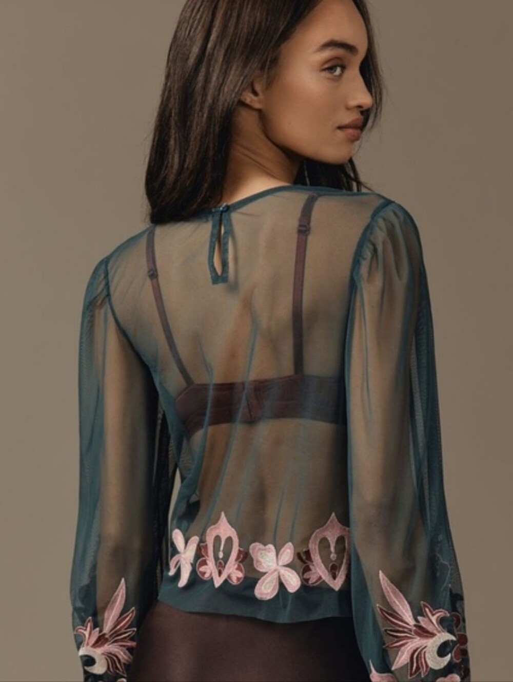BY ANTHROPOLOGIE LONG-SLEEVE EMBROIDERED SHEER MESH GREEN PINK TOP SMALL NWT - Picture 6 of 14